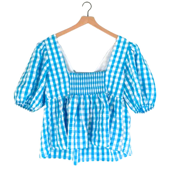 New LILLY PULITZER Sarafina Crinkled Bow Gingham Puff Sleeve Top Turquoise Oasis - Picture 7 of 10